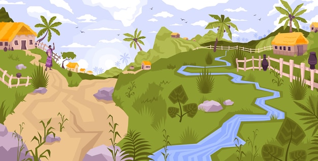 Landscape village flat composition with panoramic view of exotic country side with palms brook and hills illustration