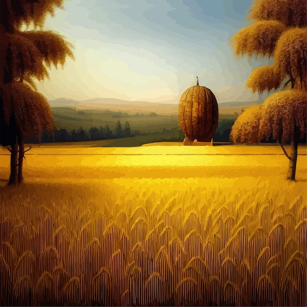 Landscape of wheat field countryside scene summer panorama view vector illustration