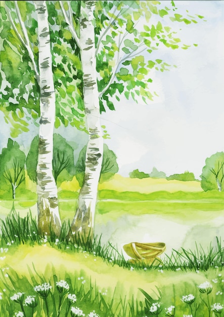 Landscape with birches watercolor art