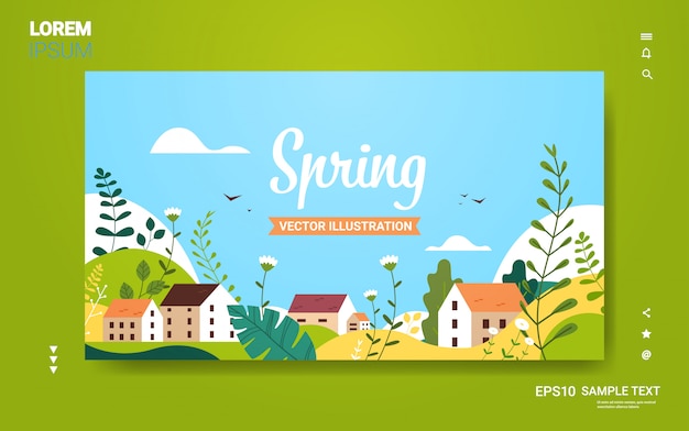 landscape with buildings hills flowers leaves floral spring card or poster greeting card horizontal