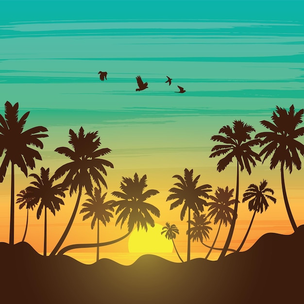 Landscape with coconut palm trees at sunset background Summer sale silhouette background