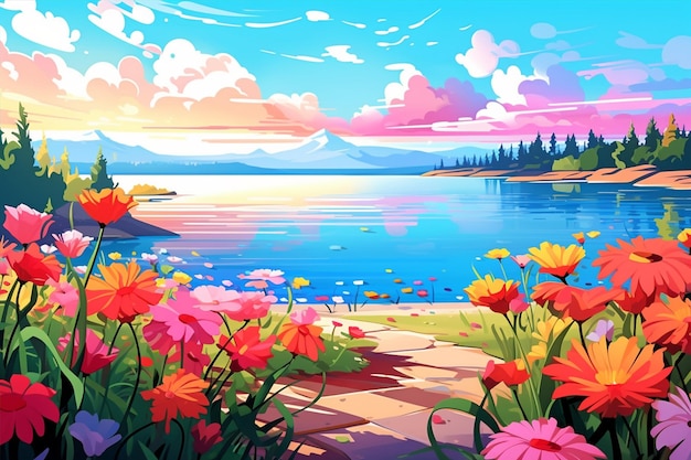 Landscape with Colorful Flowers Beside the Lake