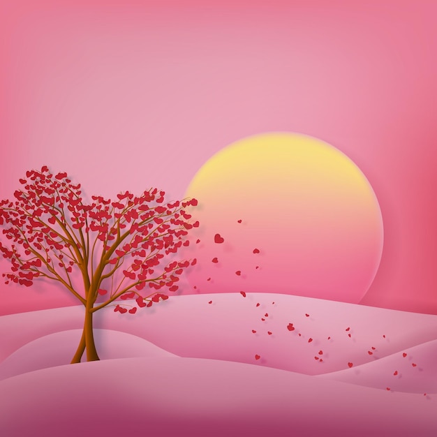 Landscape with derevya with leaves in the form of hearts at sunset for valentine's day