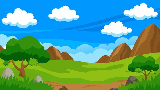 Vector a landscape with a green grass and mountains in the background