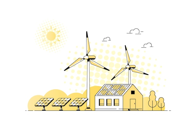 Landscape with Modern House, Solar Panels and Wind Turbines. Eco House, Energy Effective House, Green Energy concept banner design. Flat style vector illustration.