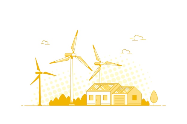 Landscape with Modern House, Solar Panels and Wind Turbines. Eco House, Energy Effective House, Green Energy concept banner design. Flat style vector illustration.