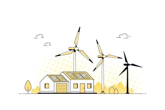 Landscape with Modern House, Solar Panels and Wind Turbines. Eco House, Energy Effective House, Green Energy concept banner design. Flat style vector illustration.