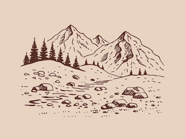 Landscape with mountains and forest Hand drawn illustration converted to vector