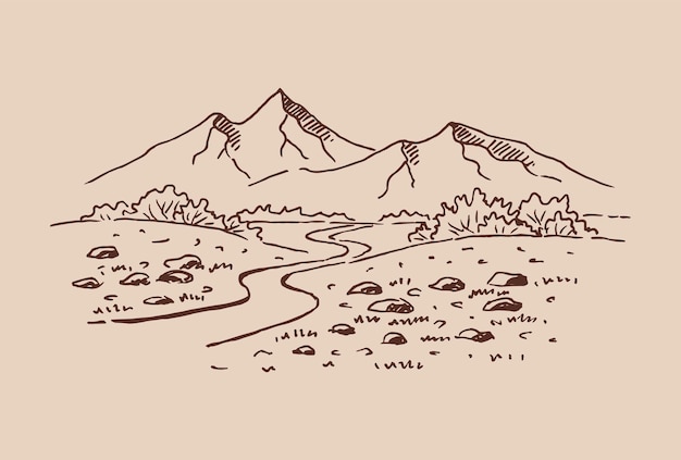 Landscape with mountains and forest Hand drawn illustration converted to vector