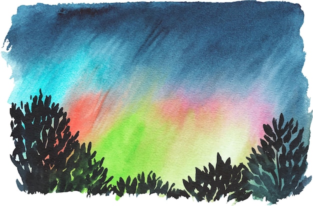 Landscape with northern lights Watercolor illustration