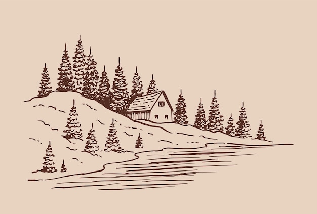 Landscape with pine trees and country house Hand drawn illustration converted to vector