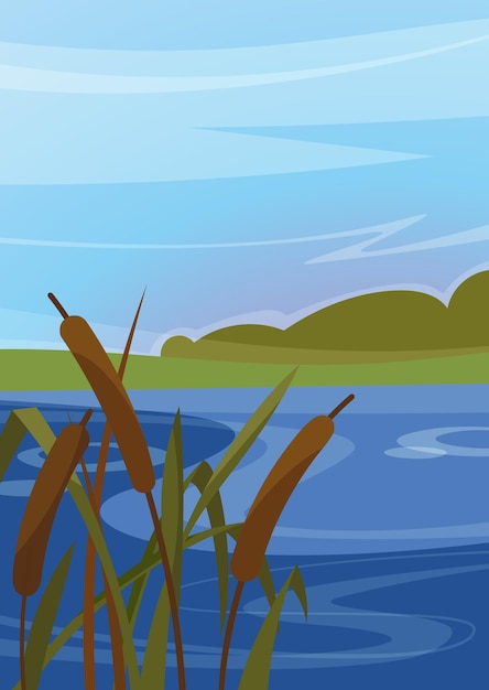 Landscape with reeds on the river. Natural scenery in vertical orientation.