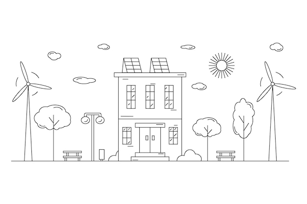 Landscape with residential building drawn by contour lines on a white background. Editable stroke. Energy saving. Eco energy. Vector illustration