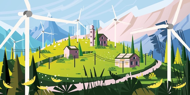 Landscape with Road in Alps Renewable Green Energy Concept with Wind Turbines in Village and Solar Panels on the Roofs