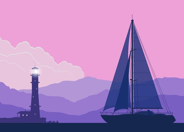 Vector landscape with sailing yacht at sunset. vector