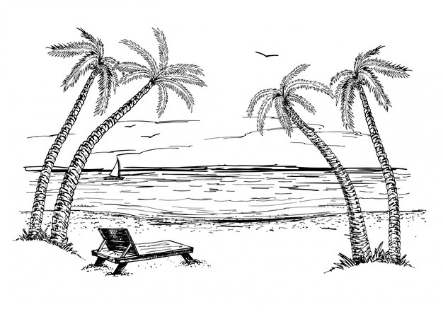 Vector landscape with sea and palm trees sketch. summer beach hand drawn sketch.