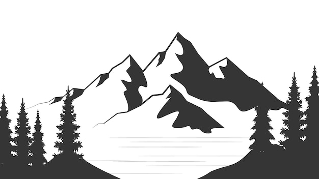 Landscape with silhouettes of mountains and Mountain river Nature background Vector illustration Old style black and white mountain vector illustration