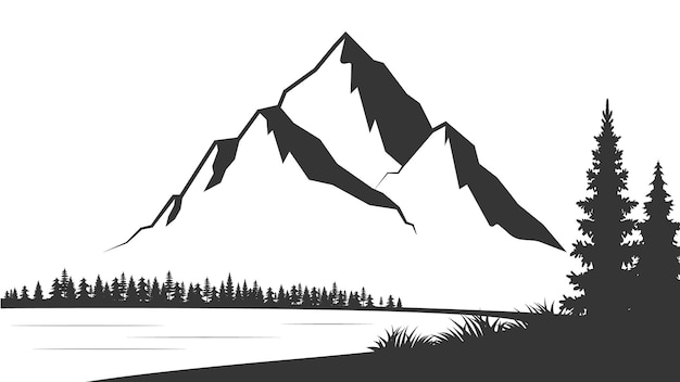 Landscape with silhouettes of mountains and Mountain river Nature background Vector illustration Old style black and white mountain vector illustration