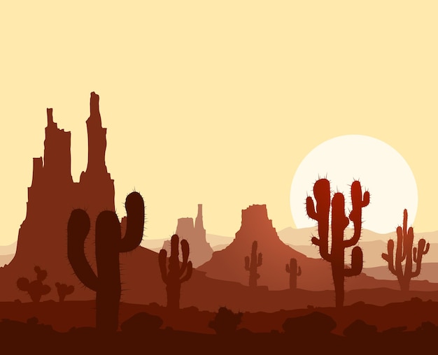 Landscape with sunset in stone desert with cactuses and mountains. Vector illustration.