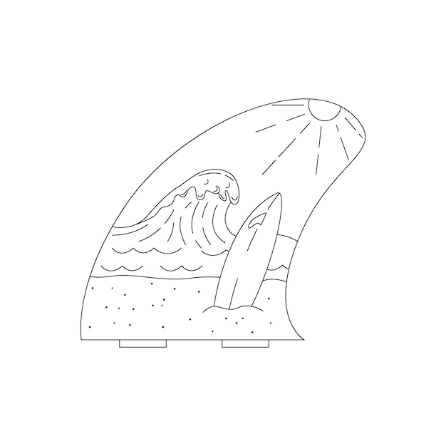 Landscape with surfboard sea and sun in the shape of a surfboard fin Badge flat vector illustration