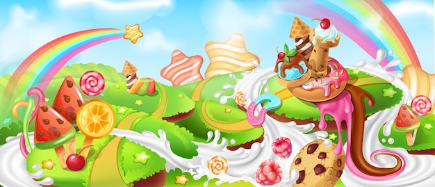 Landscape with sweets Cartoon candy land with chocolate farmhouse milk river and hills with cakes and desserts Fairy tale panorama fantasy meadows Vector dreamlike illustration