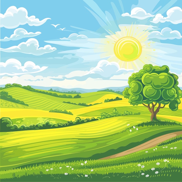 Vector a landscape with a tree and the sun in the sky