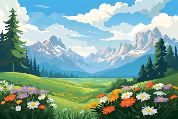 Landscape With Trees Flowers And Mountains