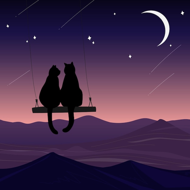 Landscape with two romantic cats sitting on a swingVector illustration