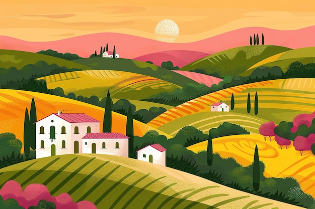 Vector landscape with of vineyard background village with fields of greenhouses and grapes in the