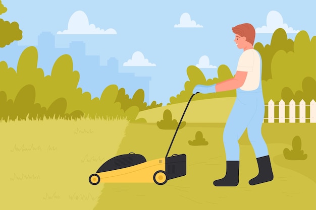 Vector landscaping maintenance service man walking with lawnmower to cut and care grass of lawn