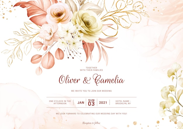 Landscpae floral wedding invitation card with pastel floral decoration. Foliage design concept