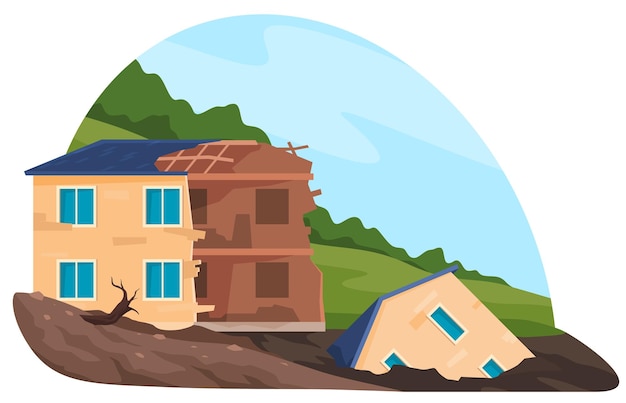 Vector landslide a natural disaster of a destructive largescale nature destruction of human habitation vector illustration