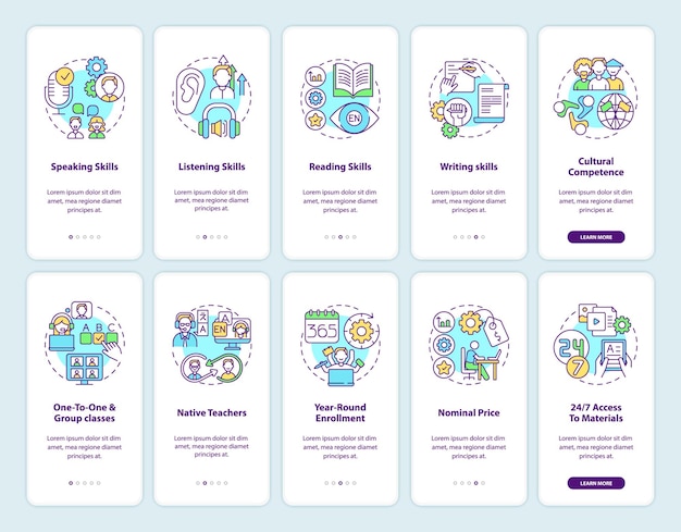 Language acquisition onboarding mobile app page screen with concepts set