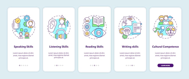 Language learning competences onboarding mobile app page screen with concepts