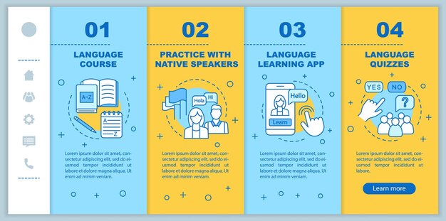 Language learning courses onboarding mobile web pages vector template Responsive smartphone website interface Lessons with native speaker quizzes Webpage walkthrough step screens Color concept