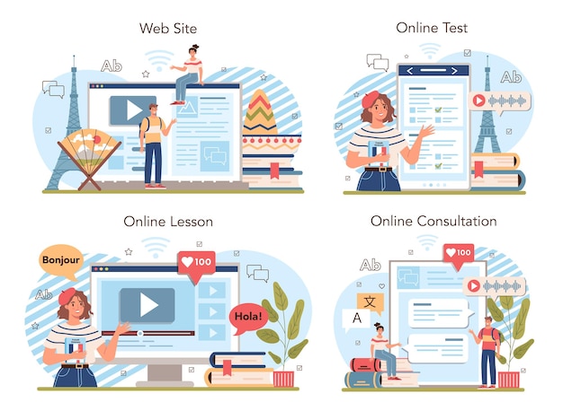 Language school online service or platform set. Professor teaching foreign languages. Students learning a new language vocabulary. Online lesson, test, consultation, website. Flat vector illustration