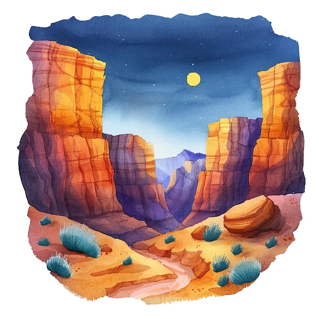 lanscape of canyon at night vector illustration in watercolor style