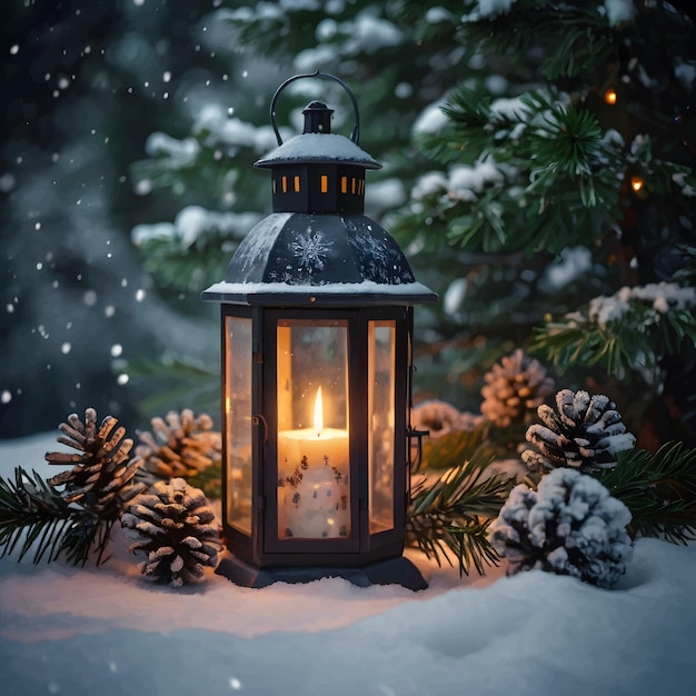 a lantern with a candle in the snow and pine trees in the background