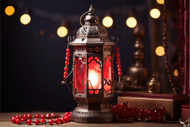 a lantern with a red beaded necklace on it and a red beaded necklace