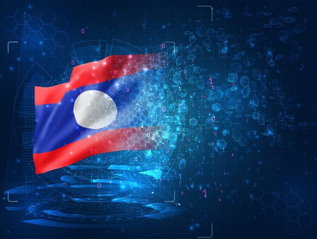 Laos, vector 3d flag on blue background with hud interfaces