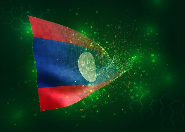 Laos on vector 3d flag on green background with polygons and data numbers