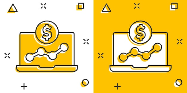 Laptop computer chart icon in comic style Money diagram cartoon vector illustration on white isolated background Financial process splash effect business concept