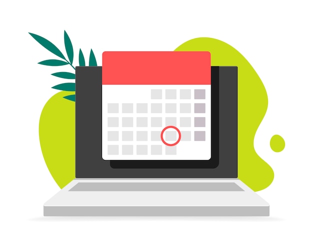 Vector laptop computer with calendar, on backdrop scribble and leaves.   illustrations. online planner app on laptop display with event date reminder front view.