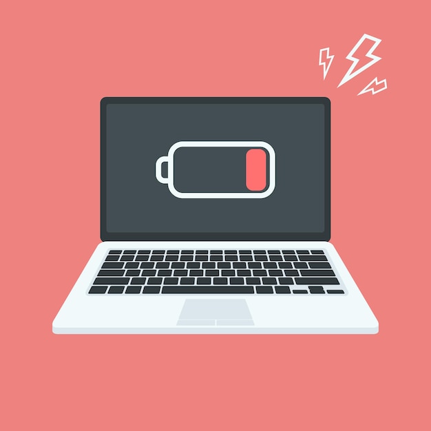 Laptop computer with low battery sign on screen vector flat illustration