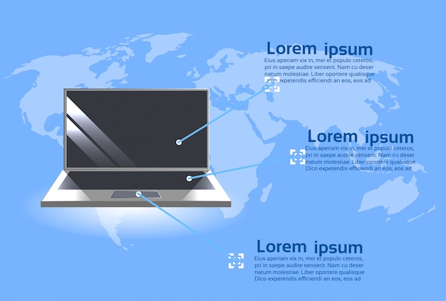 Laptop Computer Over World Map Background Modern Technology Infographics Template Banner