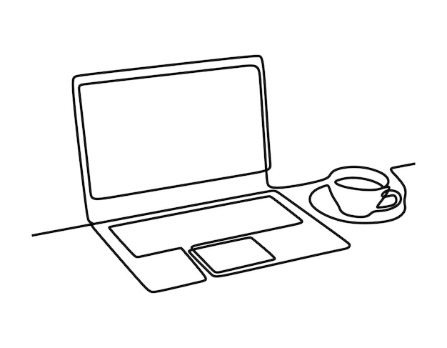 Laptop and cup of coffee editable oneline continuous single line art