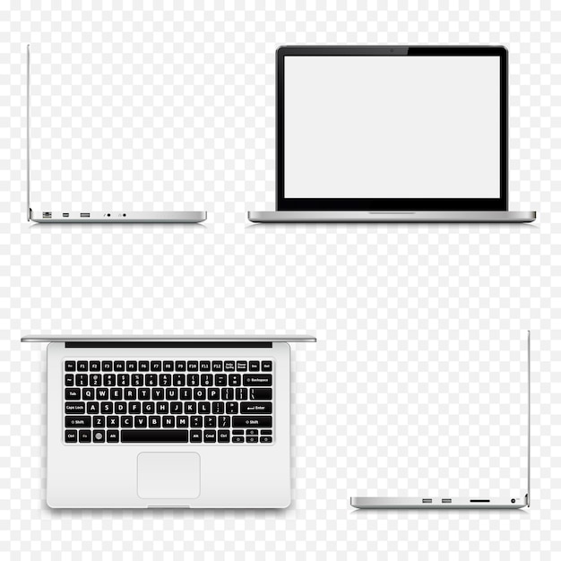 Laptop in different positions on transparent background