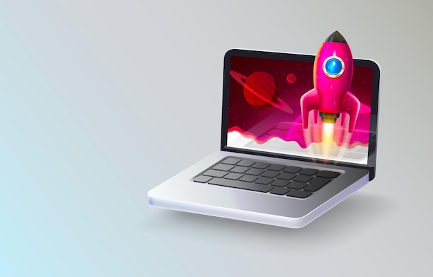 Laptop icon rocket, business idea, computer product. Vector illustration