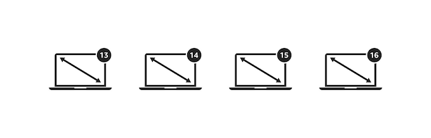 Laptop icon set with diagonal screen size 13 14 15 16 inch Vector EPS 10