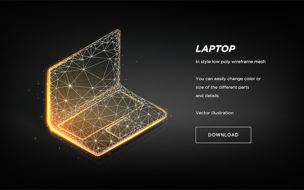 Laptop low poly wireframe on dark background. Laptop hi-tech illustration.